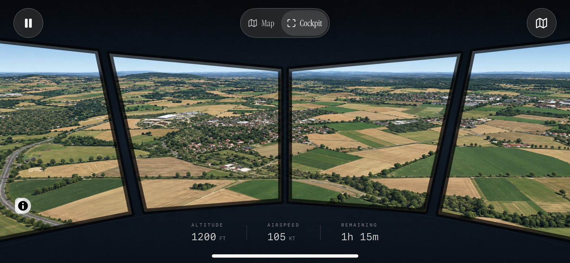 Illustrated cockpit preview with sharp terrain, altitude, airspeed and time remaining