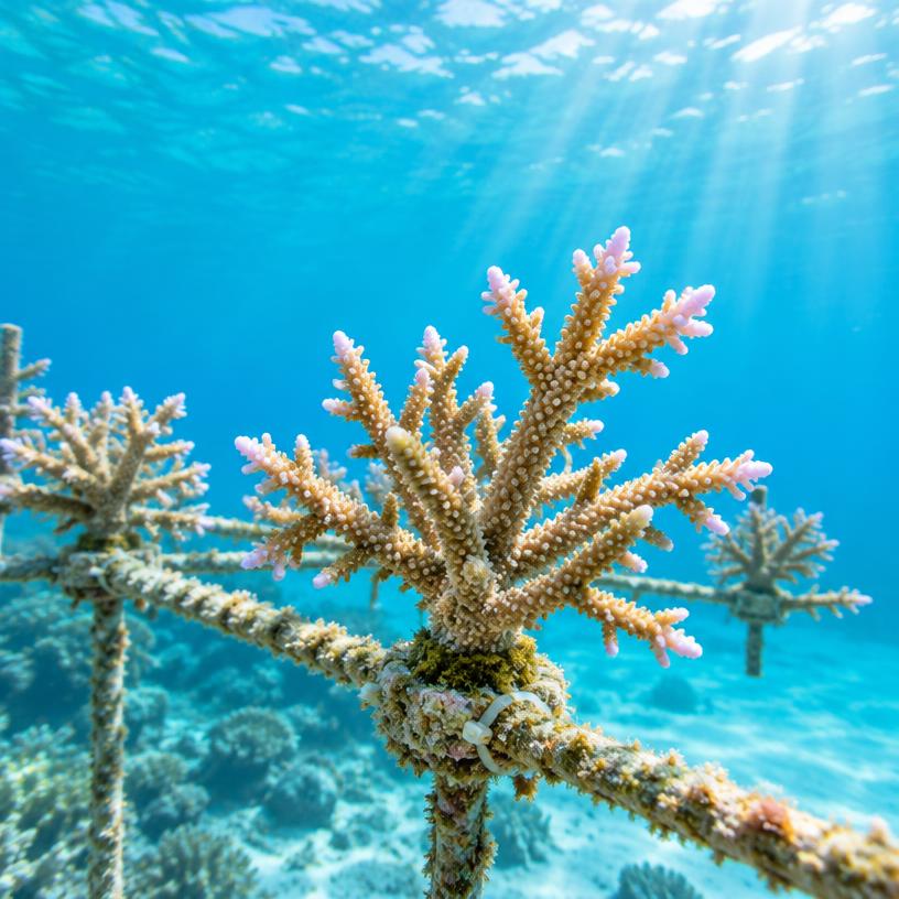 Healthy branching corals in clear blue water