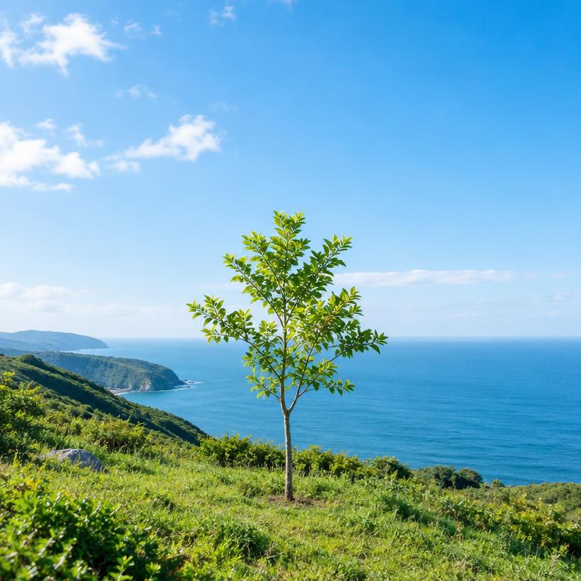 A young tree growing on a green coastal hillside